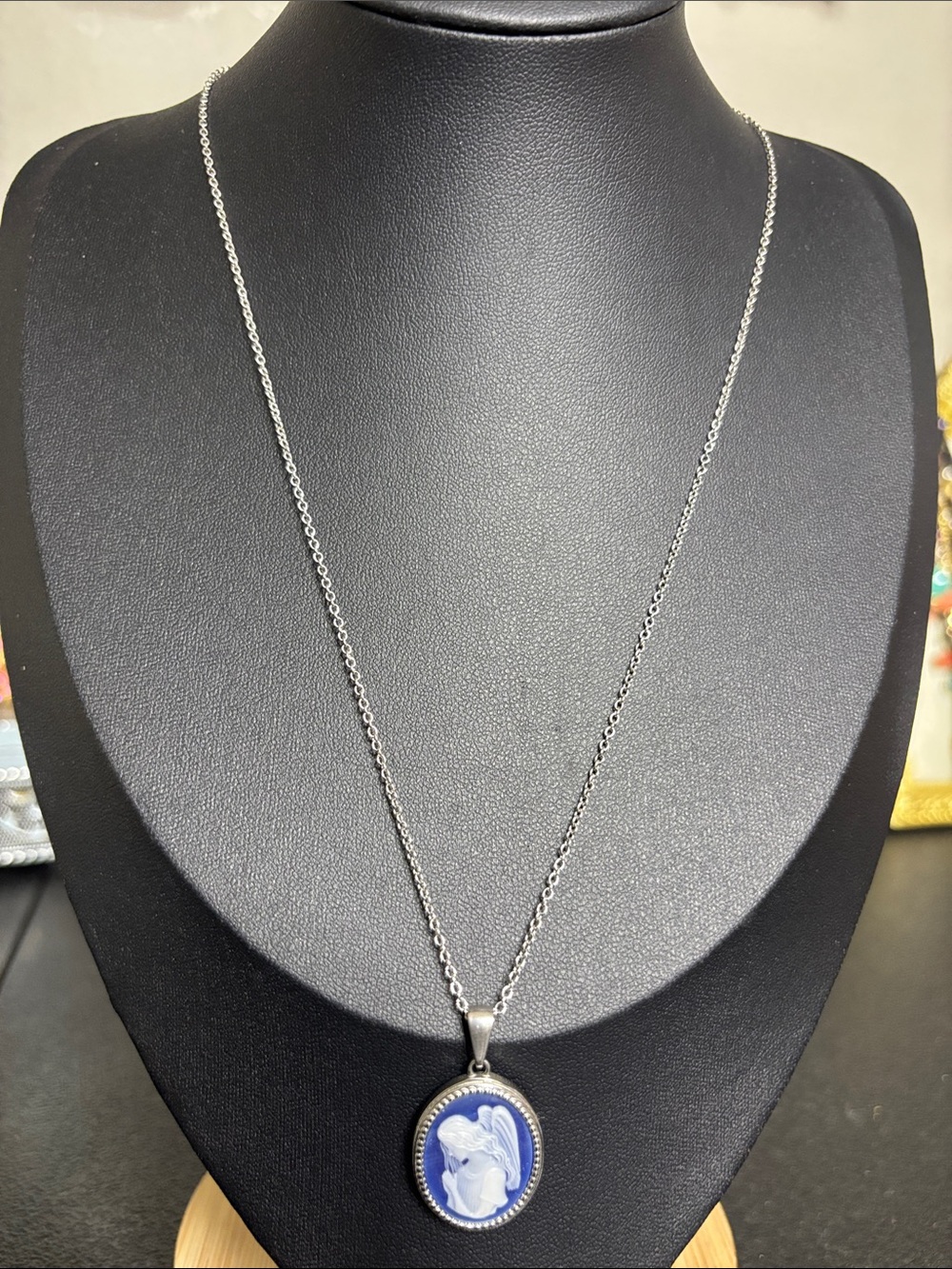 Angel Cameo Pendant Silver Tone Chain Necklace Blue White